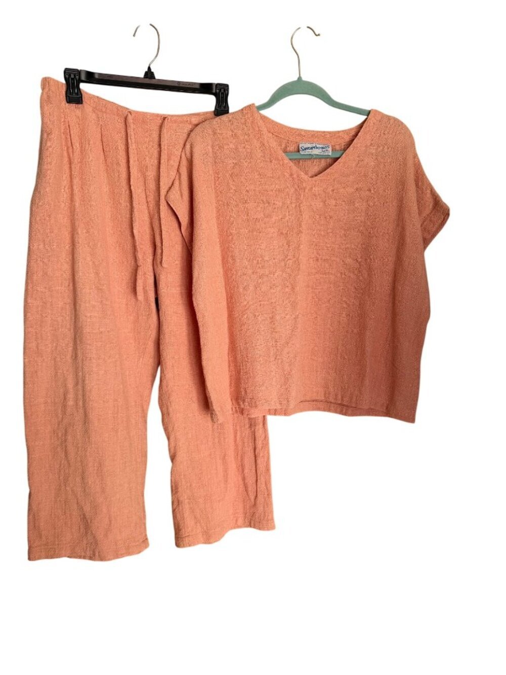 Sangam Imports Womens Woven Cropped Pant Top Set Size M Peach Cotton Vintage